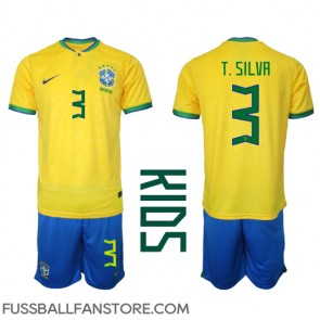 Brasilien Thiago Silva #3 Replik Heimtrikot Kinder WM 2022 Kurzarm (+ Kurze Hosen)